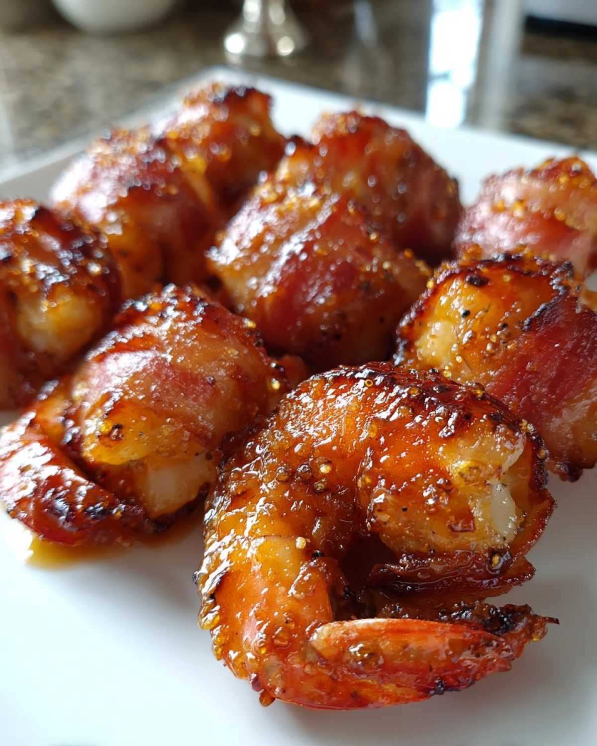 Close-up of several perfectly cooked, crispy bacon wrapped shrimp coated in a shiny, sweet glaze, ready to eat.