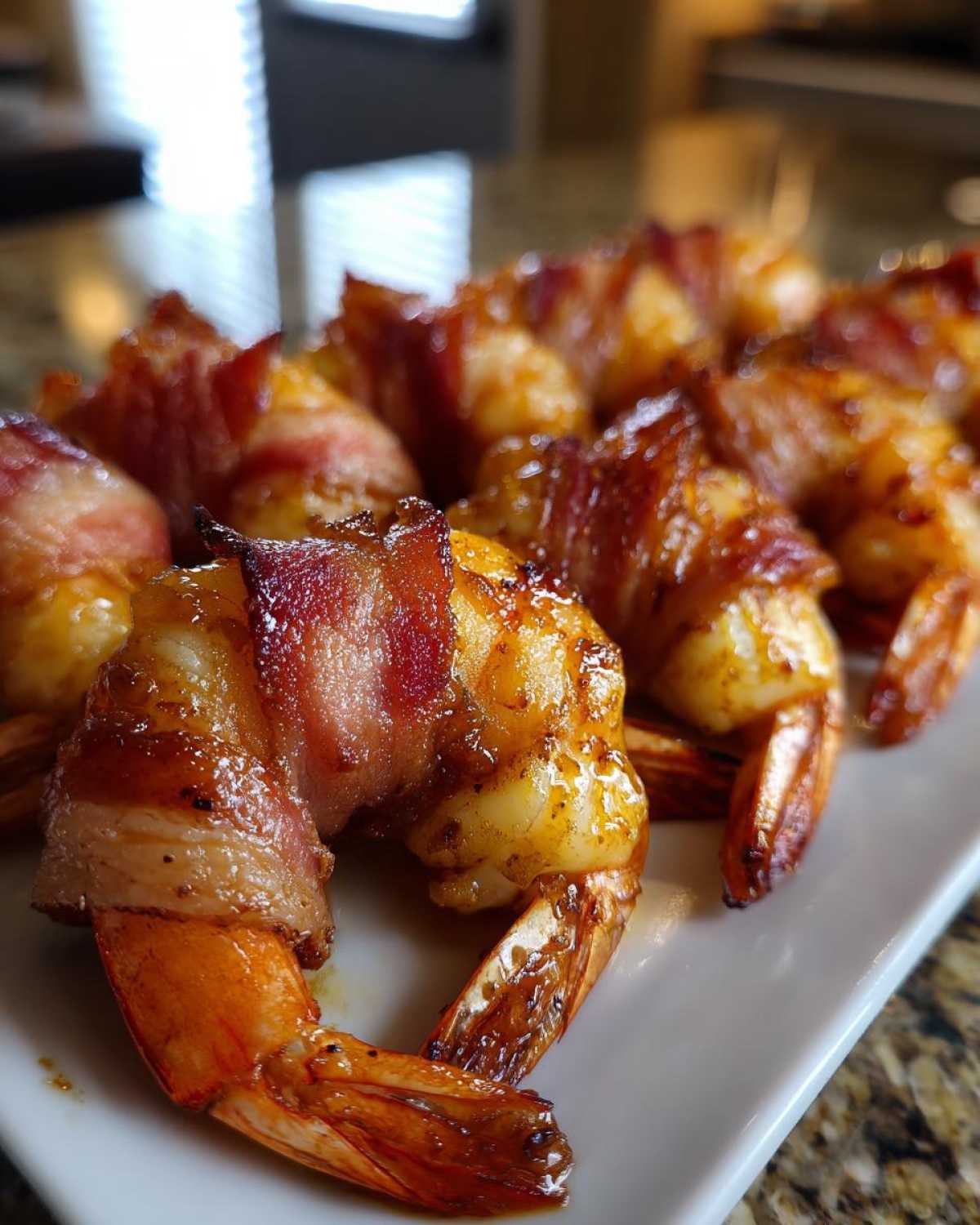 Close-up of several perfectly cooked, crispy bacon wrapped shrimp arranged on a white serving platter.
