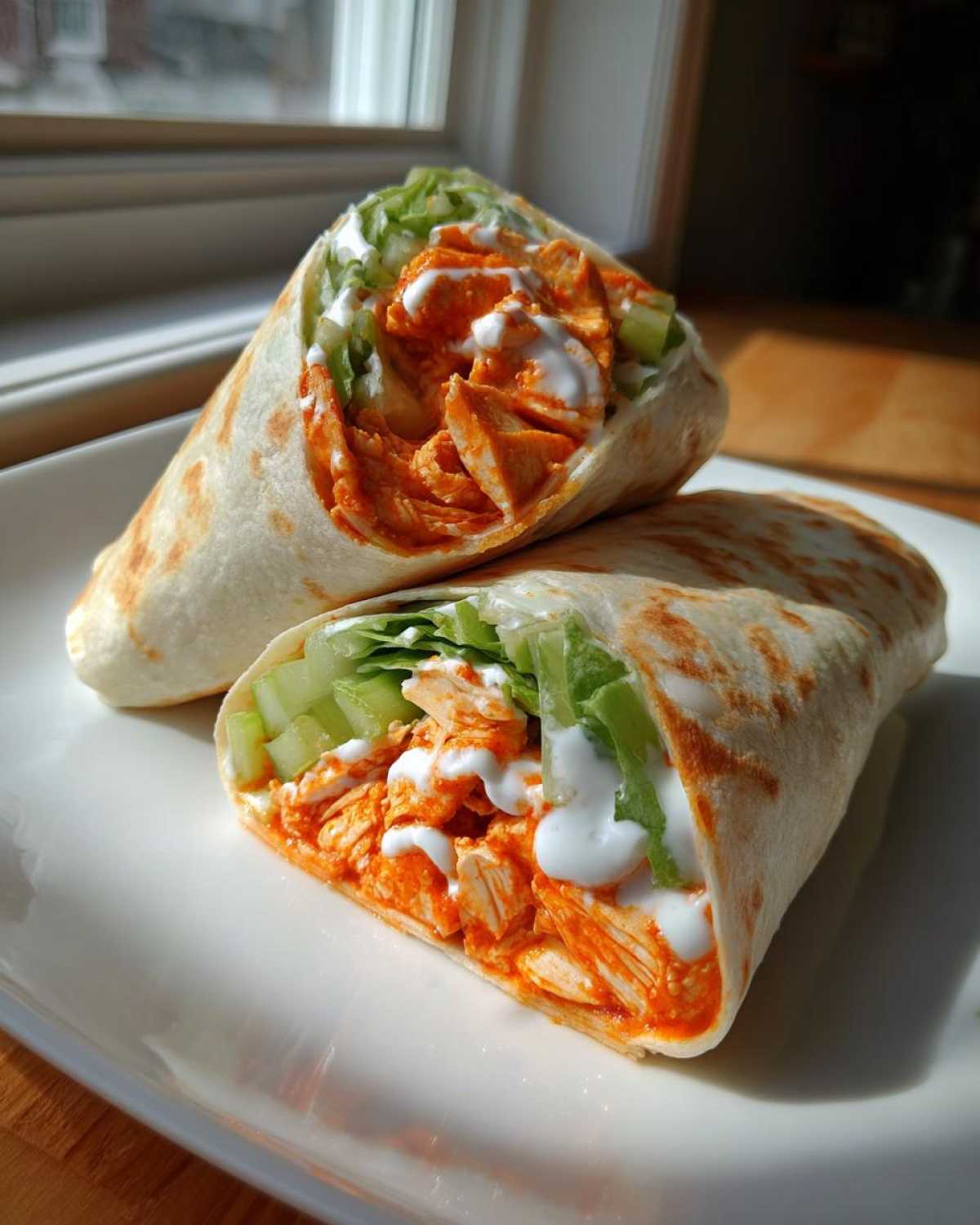 Two halves of a crispy buffalo chicken wrap filled with orange sauced chicken, lettuce, and ranch dressing.