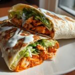 Two halves of a crispy buffalo chicken wrap filled with orange sauce-coated chicken, lettuce, and drizzled with white ranch sauce.