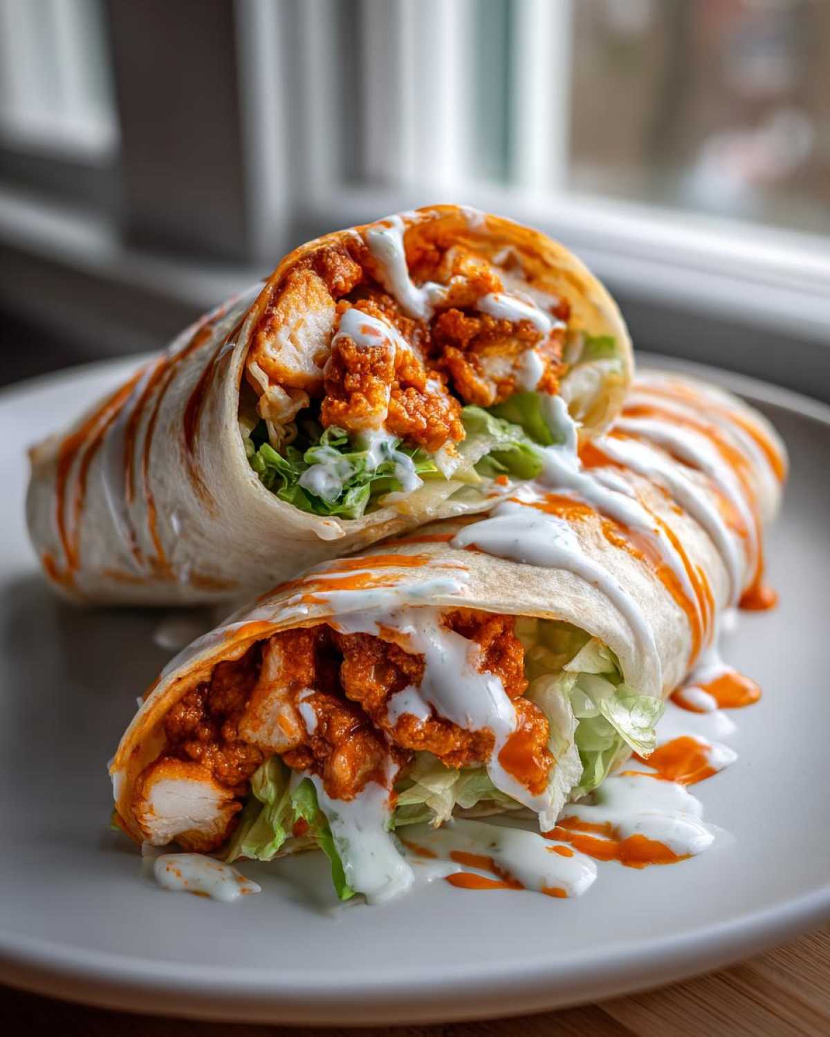 Two halves of a crispy buffalo chicken wrap filled with lettuce, drizzled heavily with ranch and buffalo sauce.