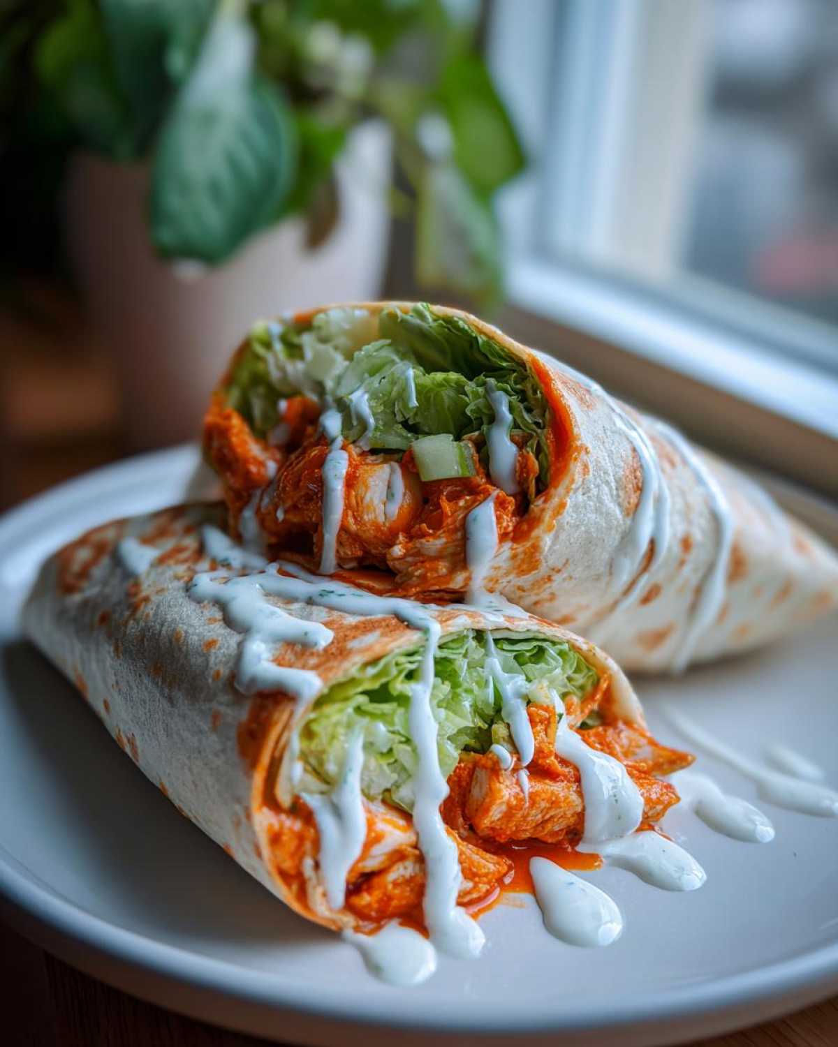 Two halves of a crispy buffalo chicken wrap, stuffed with orange sauced chicken, lettuce, and drizzled with ranch dressing.
