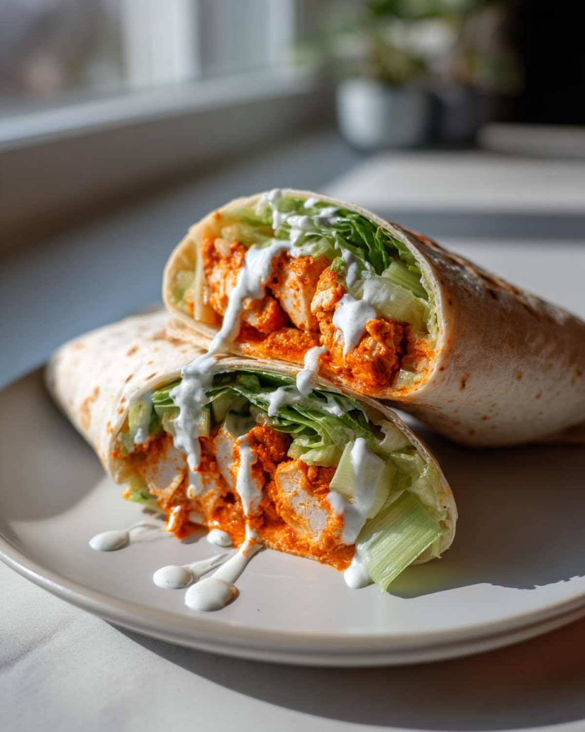 Two halves of a crispy buffalo chicken wrap cut on a plate, showing spicy chicken, lettuce, and ranch drizzle.
