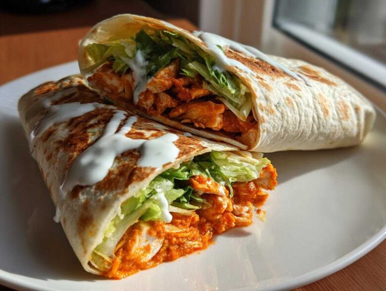 Two halves of a crispy buffalo chicken wrap filled with orange sauce-coated chicken, lettuce, and drizzled with white ranch sauce.