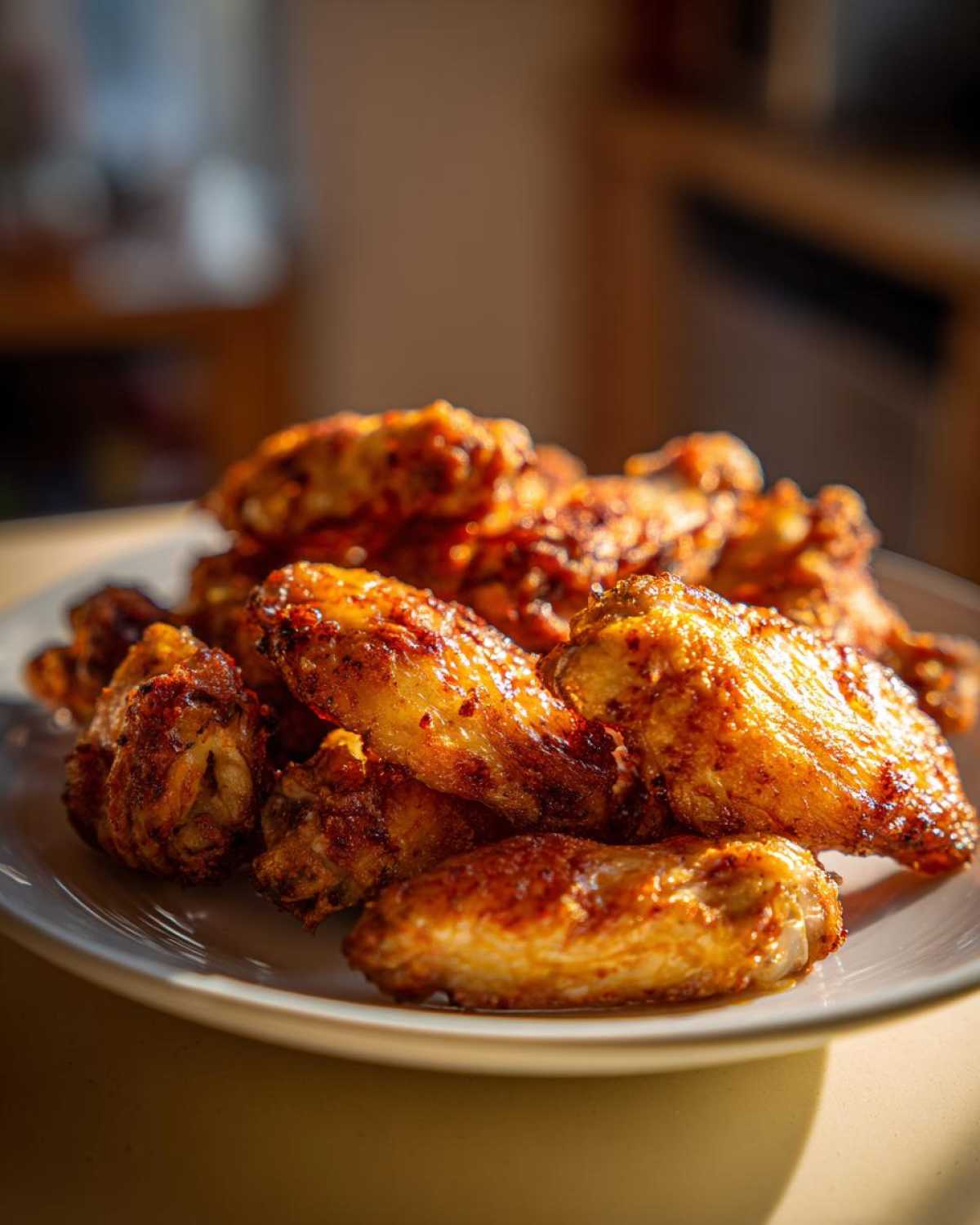 A close-up of a pile of golden brown, crispy chicken wing pieces served on a white plate, catching the sunlight.