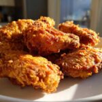 A close-up photo of several golden brown, crispy chicken wing pieces piled on a white plate.