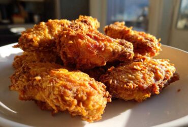 A close-up photo of several golden brown, crispy chicken wing pieces piled on a white plate.