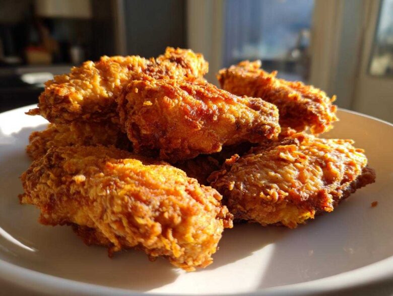 A close-up photo of several golden brown, crispy chicken wing pieces piled on a white plate.