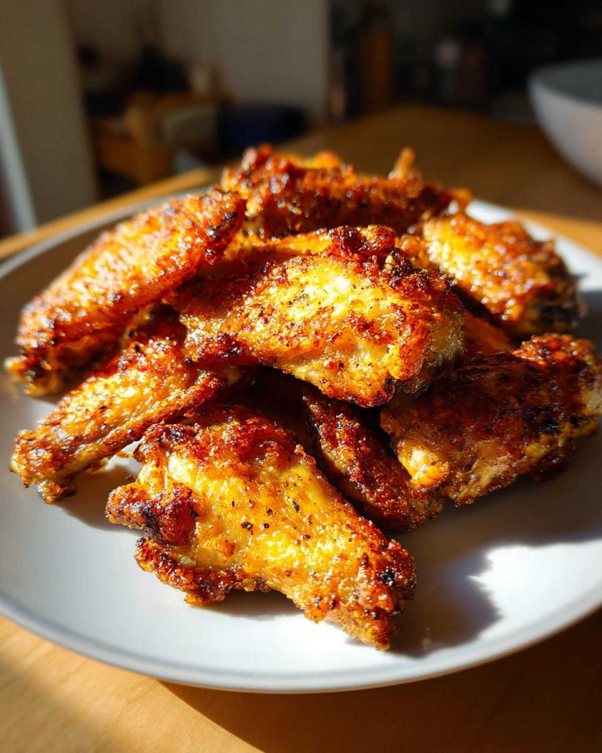A pile of golden brown, crispy chicken wing pieces seasoned with spices, served on a light gray plate.