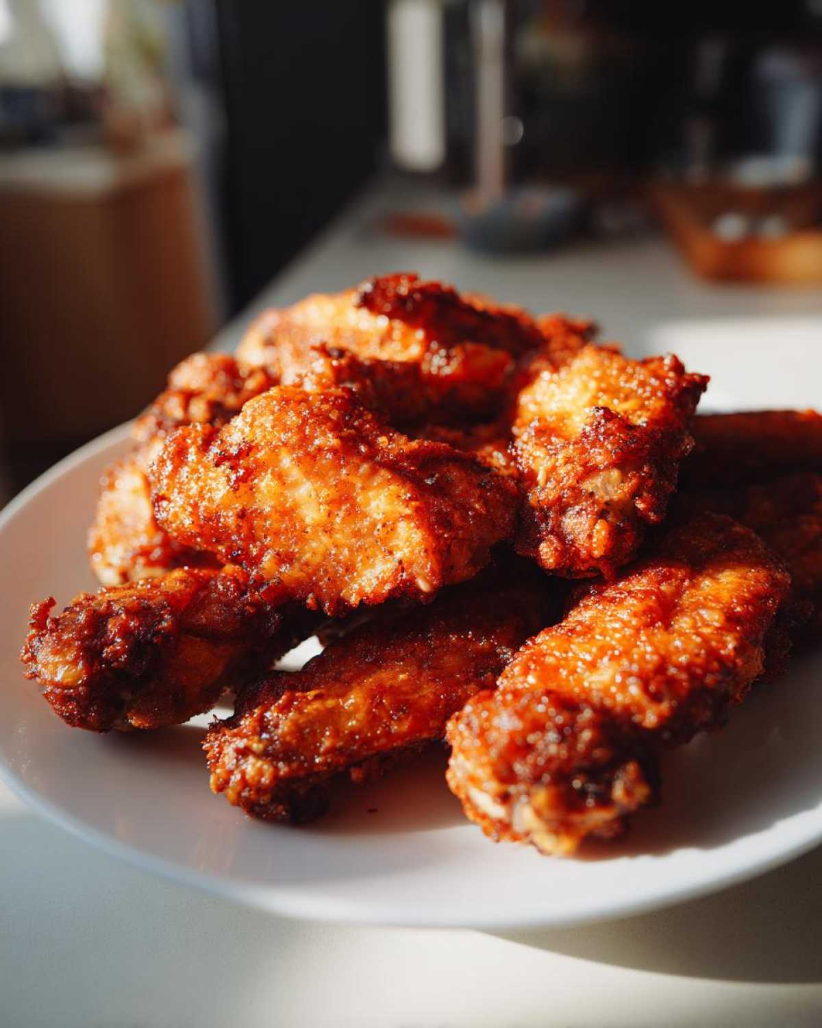 A close-up of a pile of perfectly crispy, golden-brown chicken wing pieces served on a white plate.