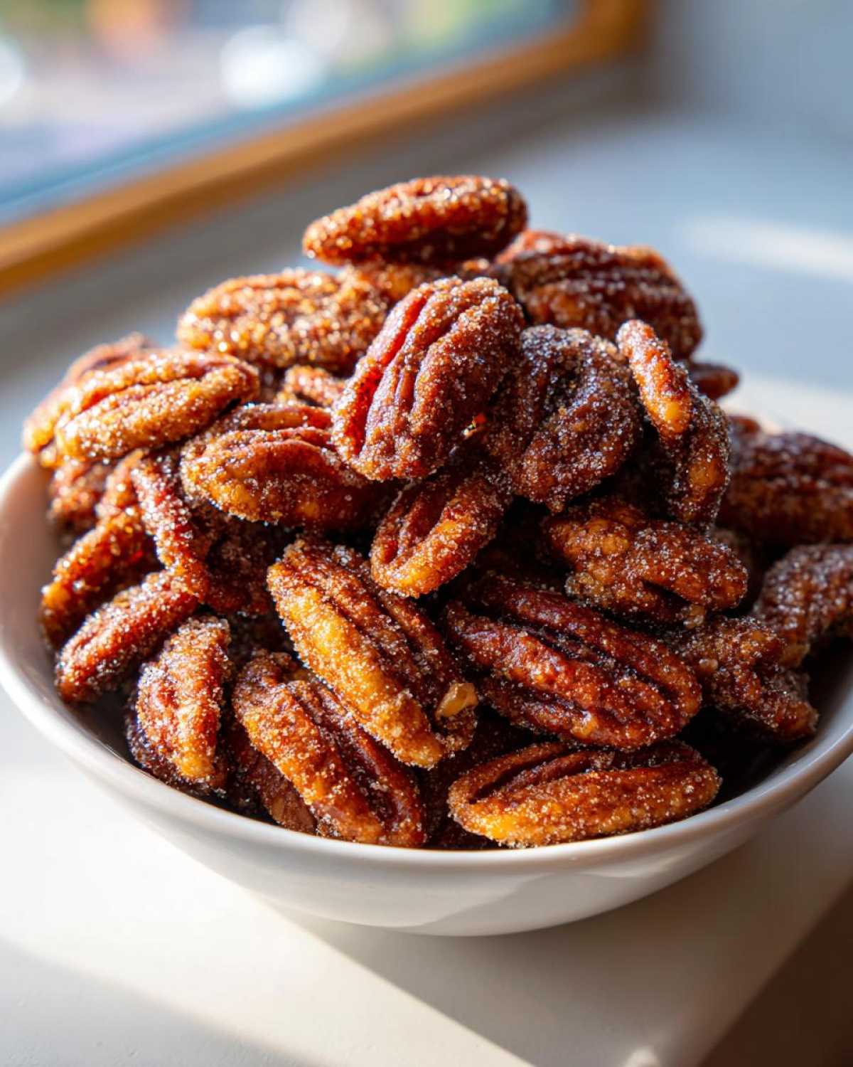 A white bowl overflowing with freshly made, glossy cinnamon sugar pecans, catching the sunlight.