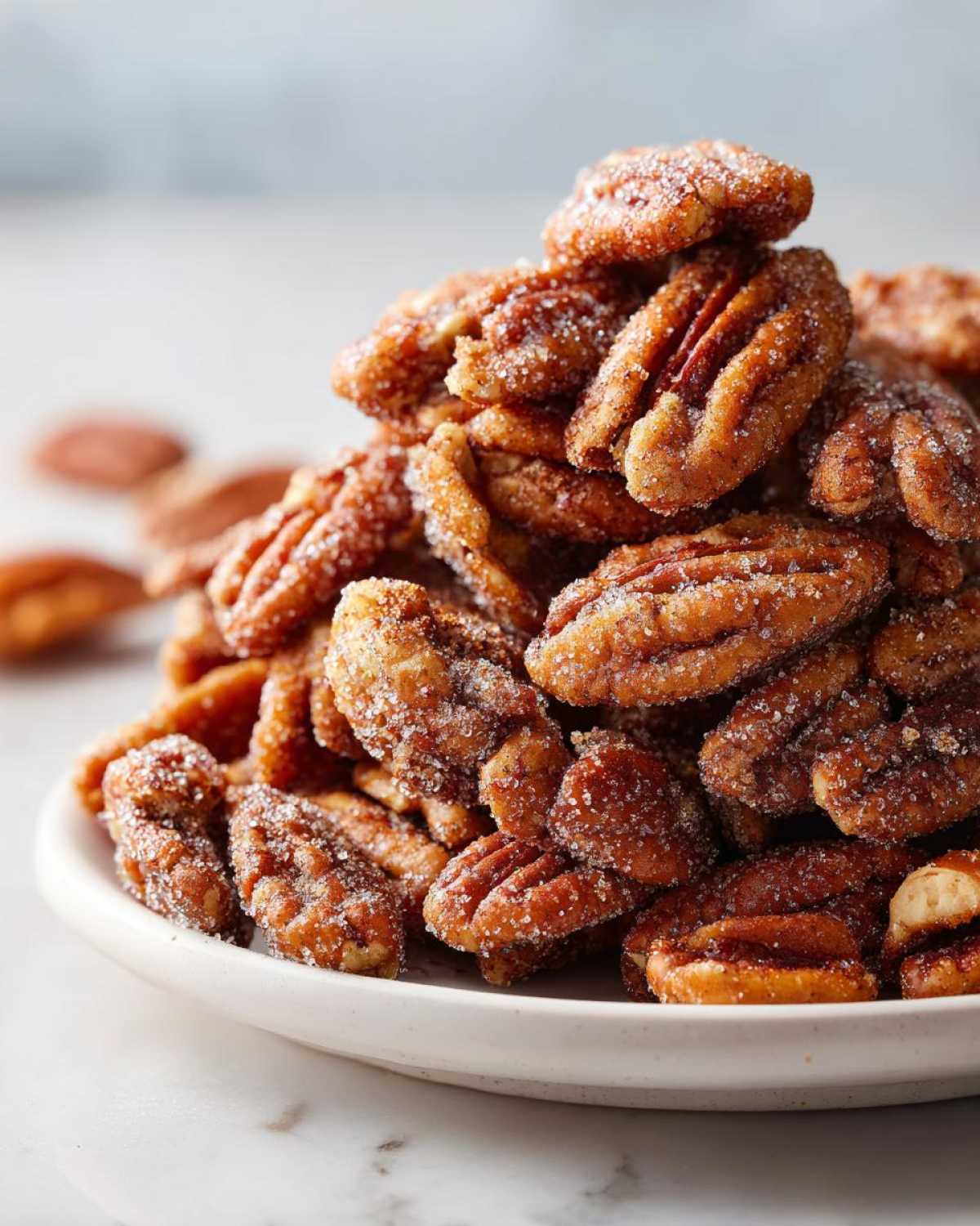 A close-up shot of a mound of freshly made, crispy cinnamon sugar pecans coated heavily in sparkling sugar.