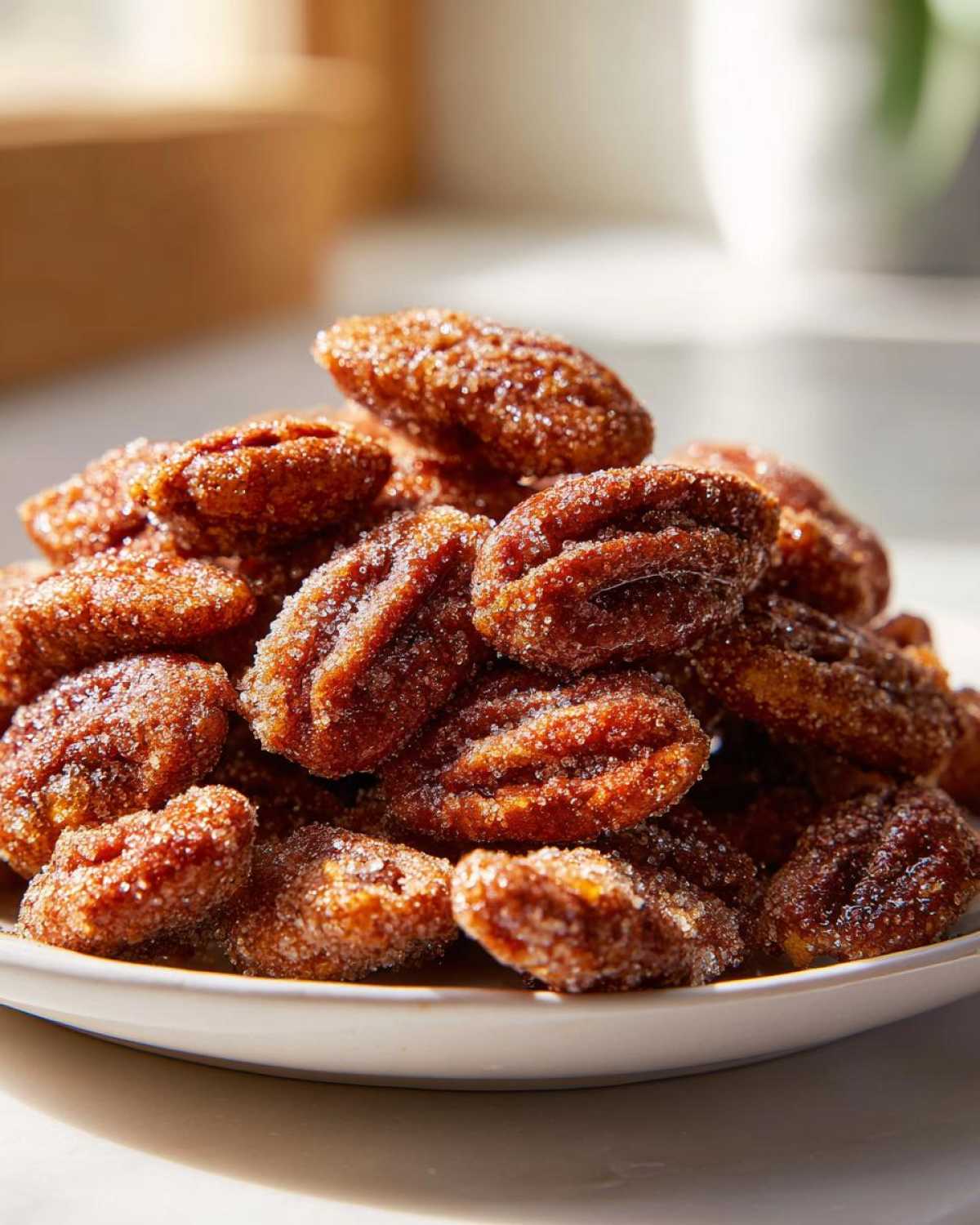 Close-up of a mound of freshly made, crispy cinnamon sugar pecans glistening with sugar crystals.