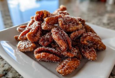 A close-up of freshly made crispy cinnamon sugar pecans piled high on a white rectangular plate.