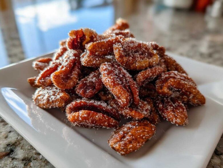A close-up of freshly made crispy cinnamon sugar pecans piled high on a white rectangular plate.