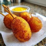 Four golden brown, crispy corn dogs resting on a white paper towel with a small bowl of mustard in the background.