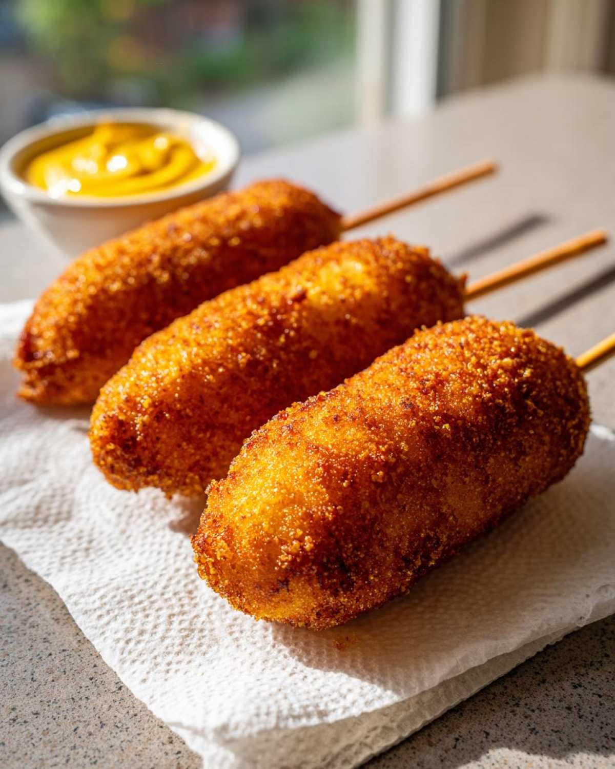Three golden brown, crispy corn dogs resting on a paper towel with a small bowl of mustard in the background.