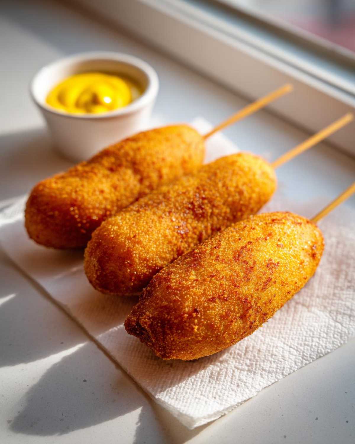 Three perfectly golden and crispy corn dogs on sticks resting on a napkin, with a small dish of bright yellow mustard in the background.