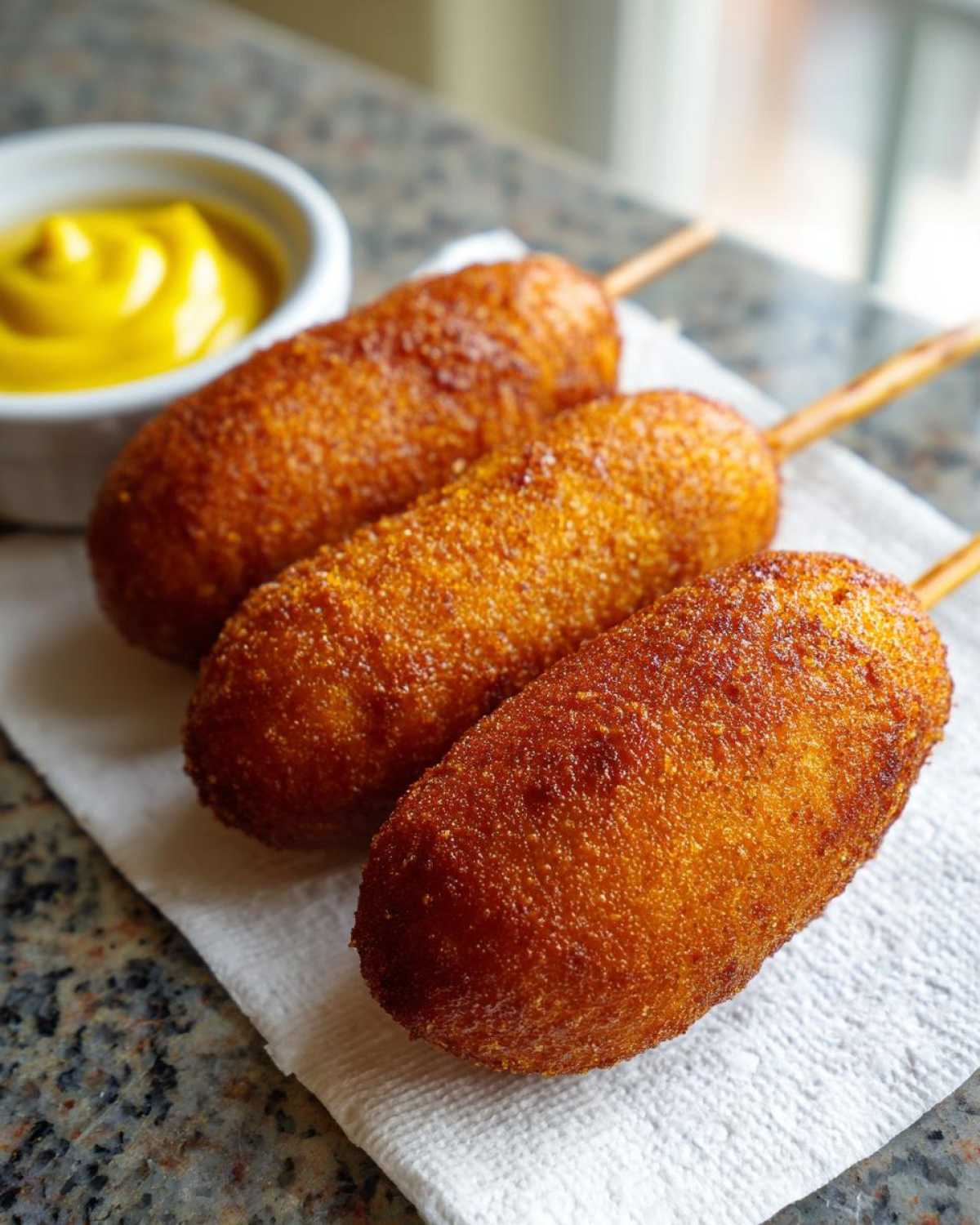 Three perfectly golden brown, crispy corn dogs resting on a white paper towel with a small bowl of yellow mustard in the background.