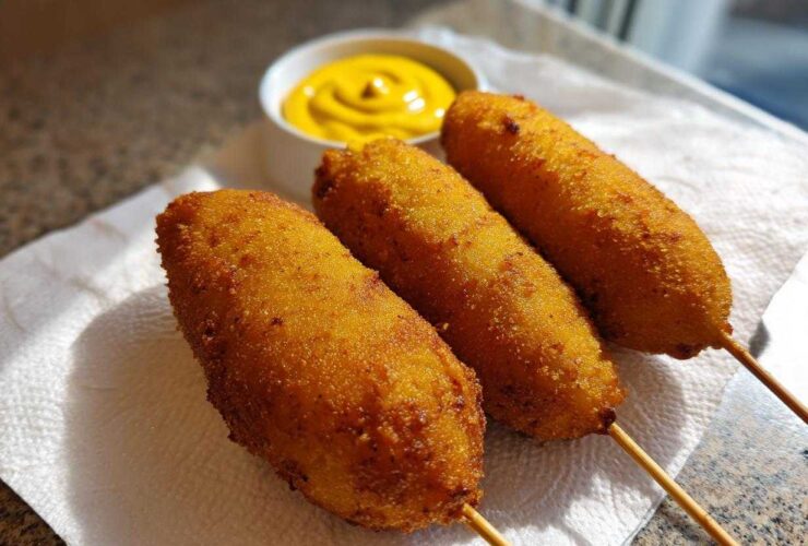 Three freshly fried, golden brown corn dogs on sticks resting on a white napkin, with a small bowl of mustard in the background.