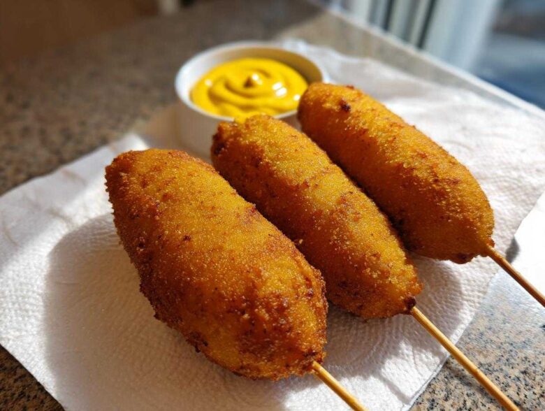 Three freshly fried, golden brown corn dogs on sticks resting on a white napkin, with a small bowl of mustard in the background.