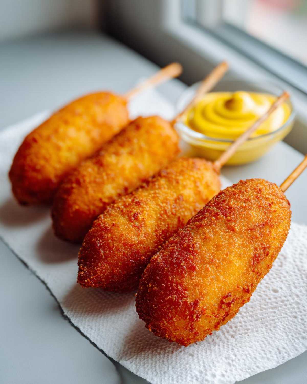 Four golden brown, crispy corn dogs resting on a paper towel, with a small bowl of yellow mustard in the background.