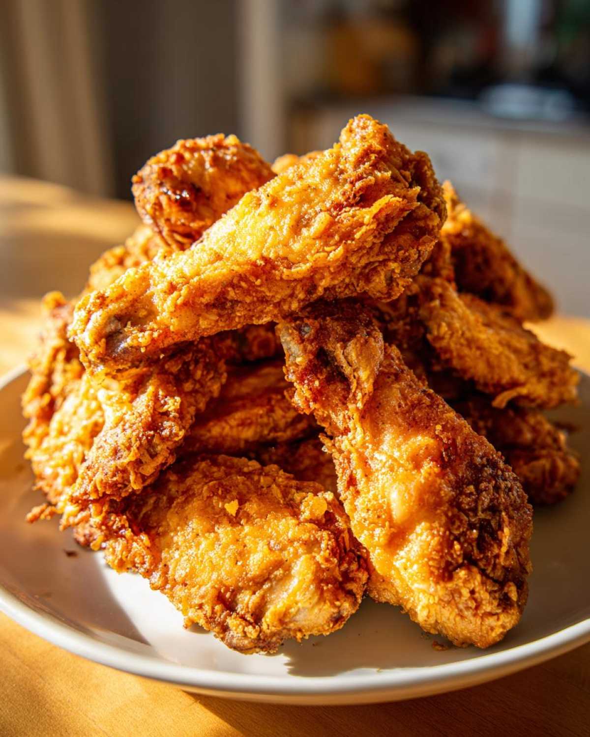 A tall stack of perfectly golden brown, crispy fried chicken wing pieces piled high on a white plate.