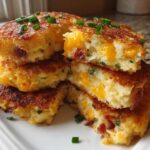 A stack of crispy mashed potato cakes, cut open to show melted cheddar cheese and bacon inside, garnished with chives.