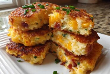 A stack of crispy mashed potato cakes, cut open to show melted cheddar cheese and bacon inside, garnished with chives.