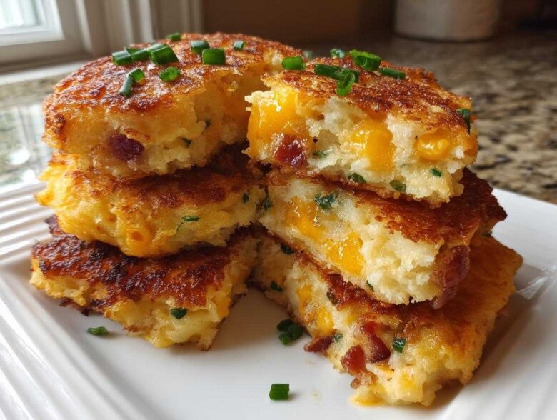 A stack of crispy mashed potato cakes, cut open to show melted cheddar cheese and bacon inside, garnished with chives.