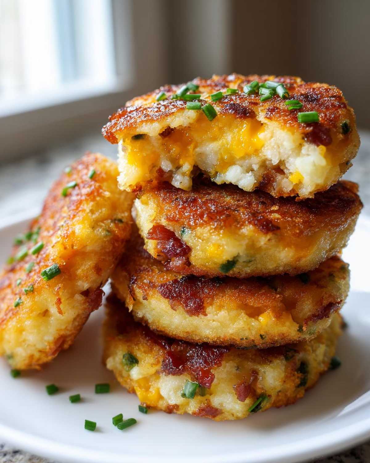 A stack of four crispy mashed potato cakes filled with melted cheese and bacon, topped with chives.