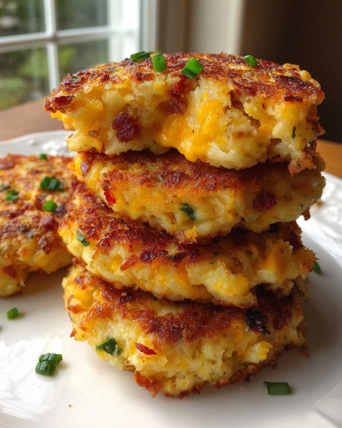 A stack of four crispy mashed potato cakes filled with melted cheddar cheese and bacon bits, garnished with chives.