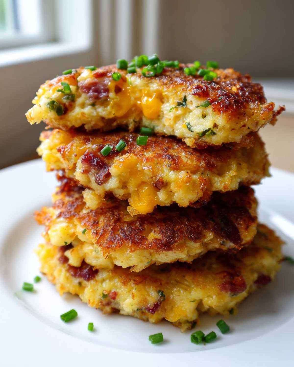 A tall stack of four crispy mashed potato cakes filled with melted cheddar cheese and bacon bits, topped with chives.
