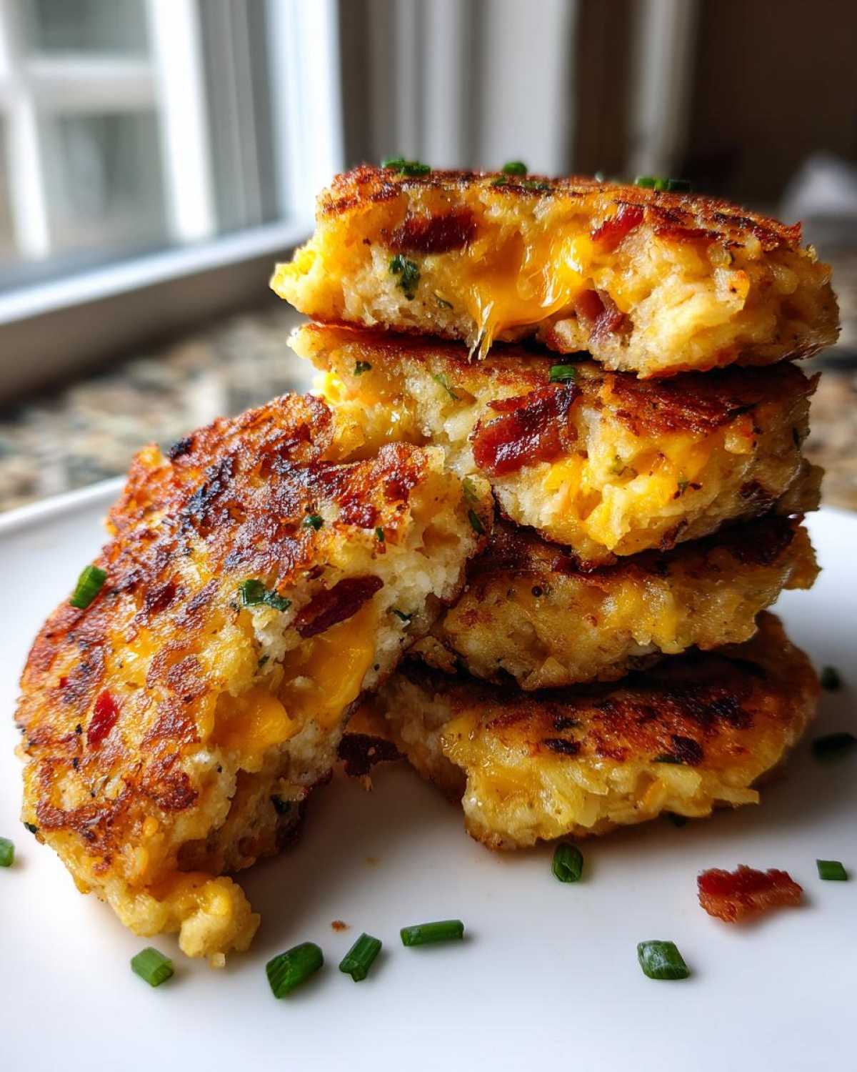 A stack of four crispy mashed potato cakes filled with melted cheddar cheese and bacon, garnished with chives.