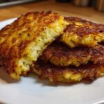Close-up of several perfectly crispy, golden brown potato latkes stacked on a white plate.