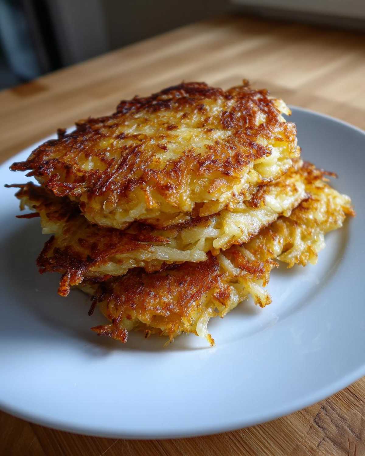 A stack of four golden brown, crispy potato latkes piled high on a white plate.