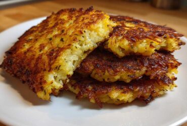 Close-up of several perfectly crispy, golden brown potato latkes stacked on a white plate.