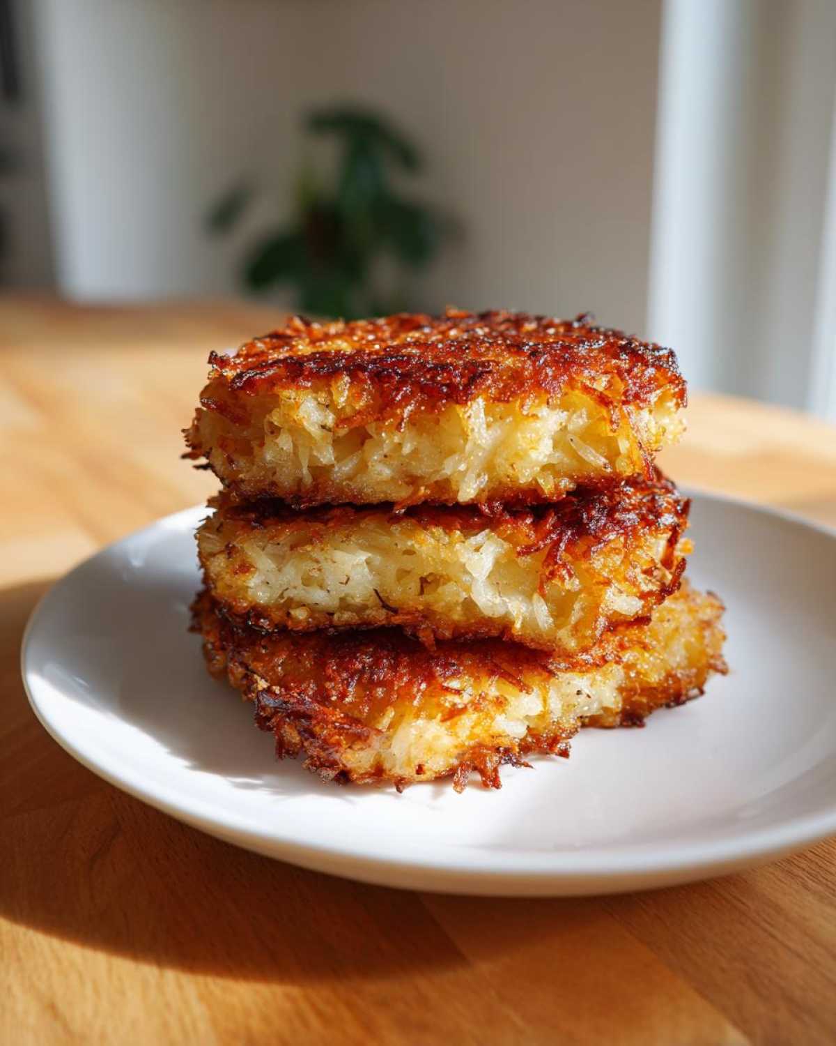 Three perfectly golden brown and crispy Potato latkes stacked on a white plate.