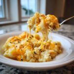 A fork lifts a scoop of creamy crockpot cheesy potatoes with long, dramatic cheese pulls.