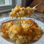 A fork lifts a serving of crockpot cheesy potatoes showing long, gooey cheese pulls over the rest of the dish.