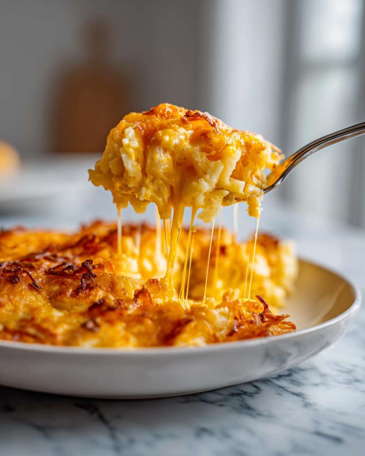 A fork lifts a serving of creamy crockpot cheesy potatoes, showing long, dramatic cheese pulls.