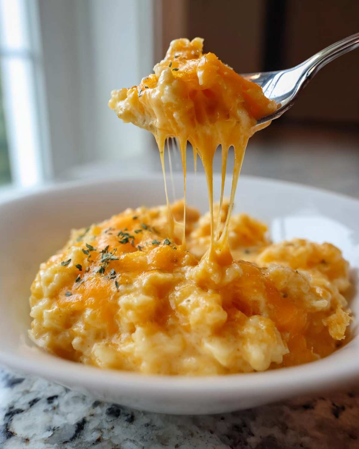 A fork lifts a serving of creamy crockpot cheesy potatoes showing long, melted cheese pulls.