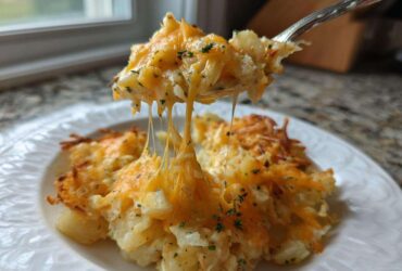 A fork lifts a serving of crockpot cheesy potatoes showing long, gooey cheese pulls over the rest of the dish.