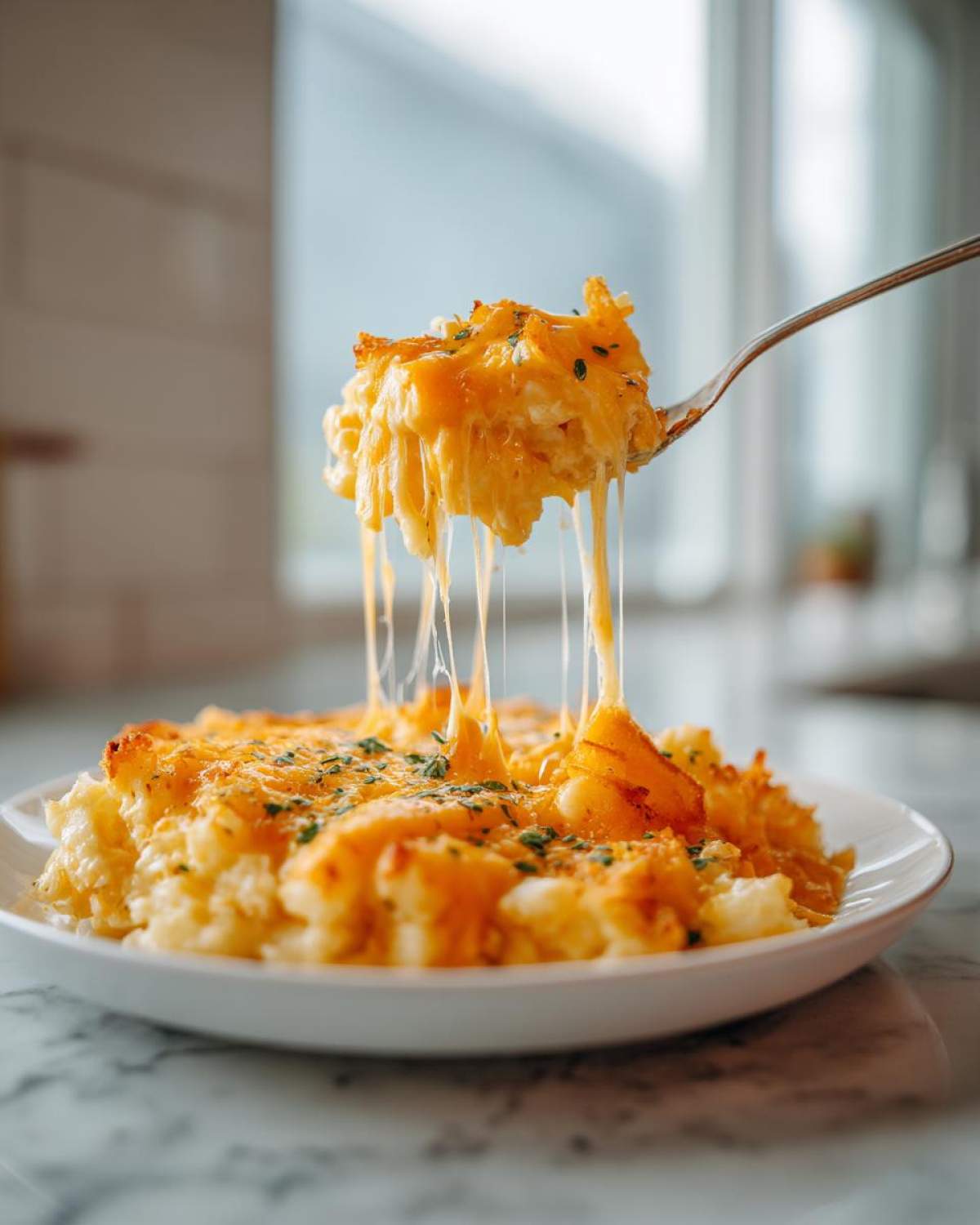 A fork lifts a cheesy serving of crockpot cheesy potatoes, showing long, melted cheese strings.