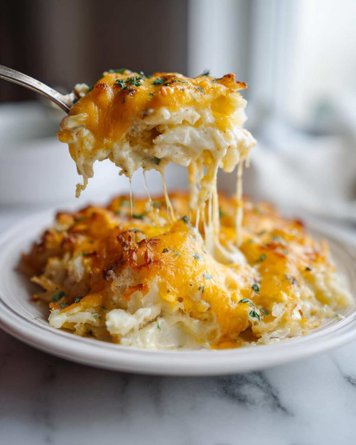 A spoonful of creamy crockpot cheesy potatoes being lifted, showing long cheese pulls over the main dish.
