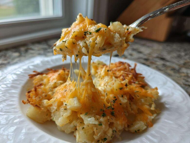 A fork lifts a serving of crockpot cheesy potatoes showing long, gooey cheese pulls over the rest of the dish.