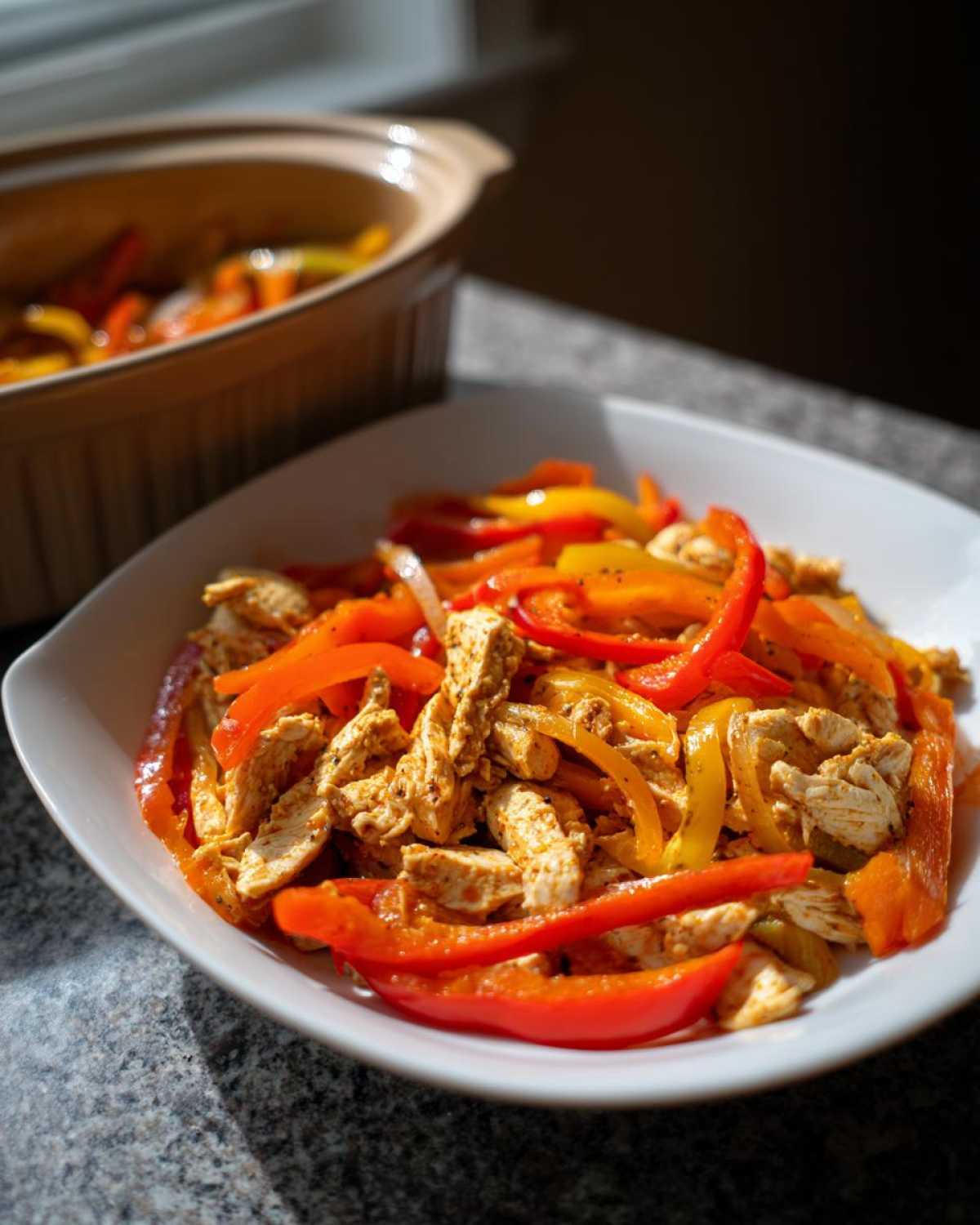 A white bowl filled with seasoned chicken strips and bright red and yellow bell peppers from the crockpot chicken fajitas recipe.