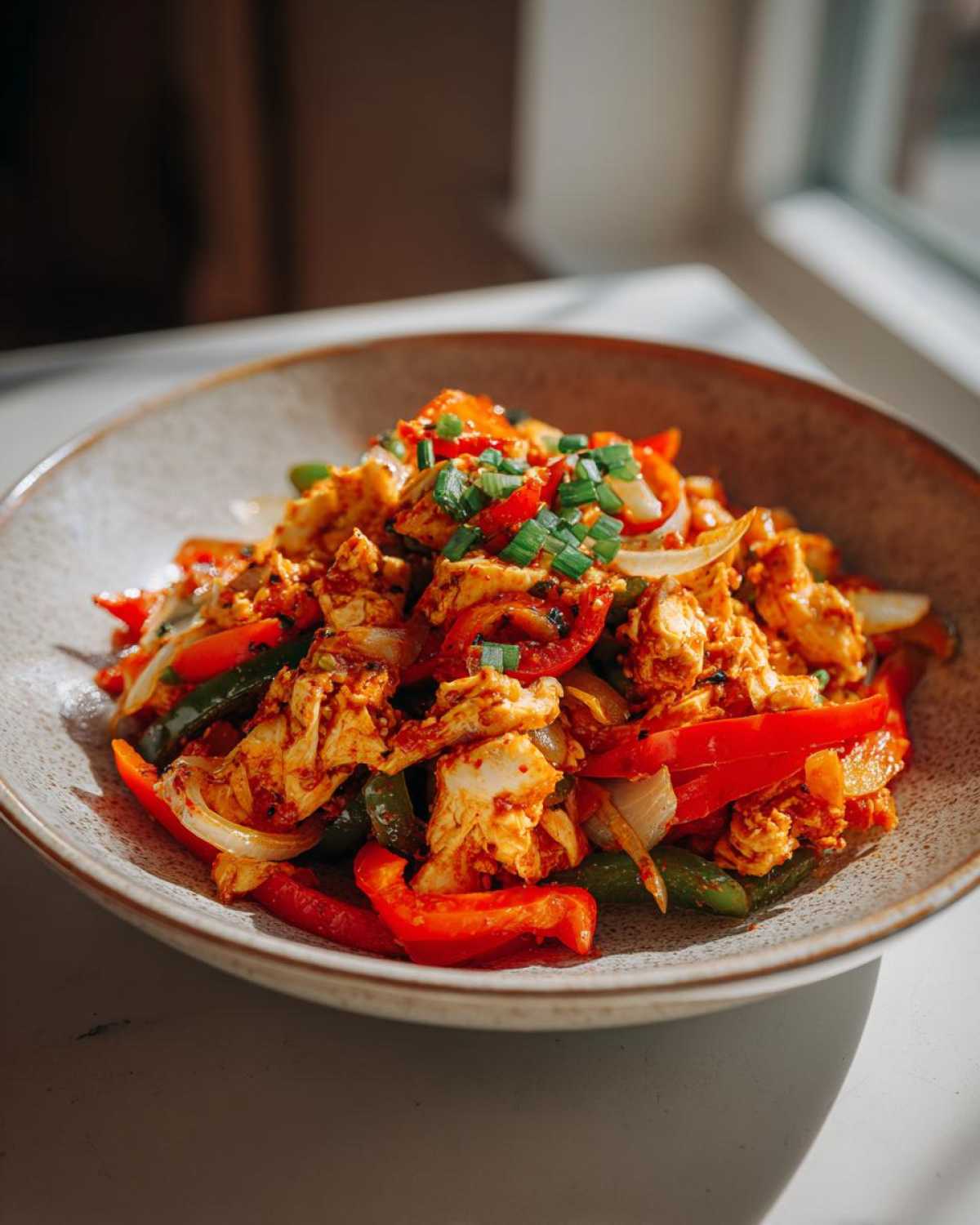 A close-up of a bowl filled with seasoned crockpot chicken fajitas, mixed with vibrant red and green bell peppers and onions, topped with chives.