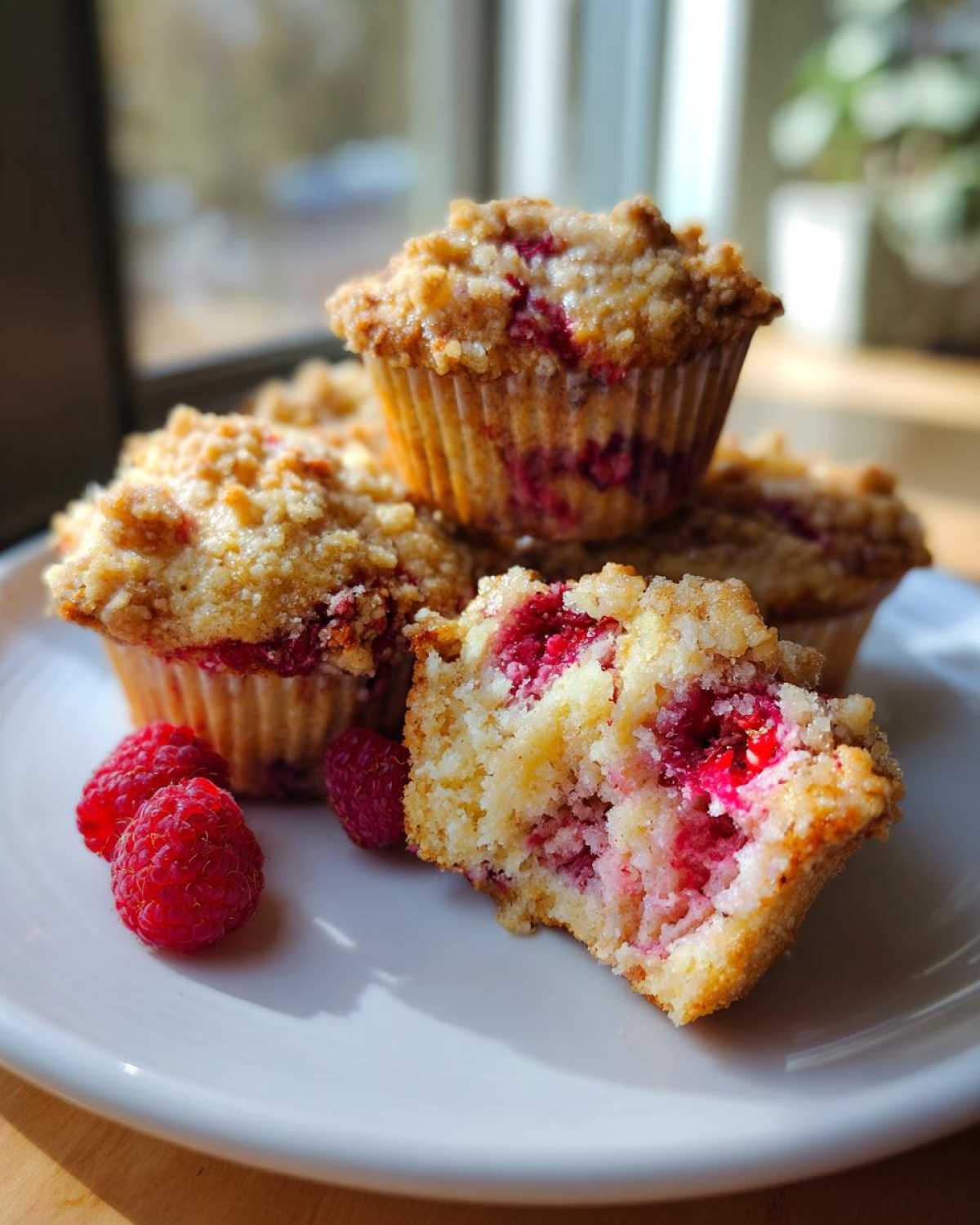 A close-up of several moist raspberry muffins with a crumb topping, one is broken open showing the bright red fruit inside.