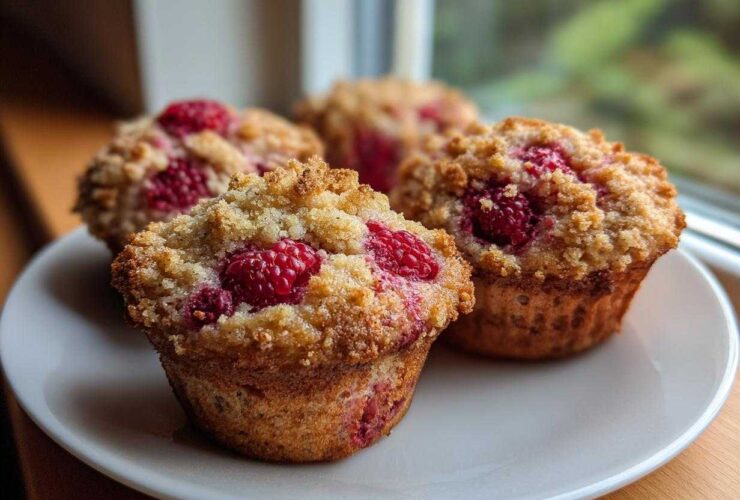 Four golden brown raspberry muffins with a crunchy streusel topping served on a white plate.